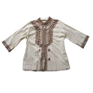 Vintage 60s Unbranded Embroidered Button Up Boho Shirt Cream / Brown Women's 12